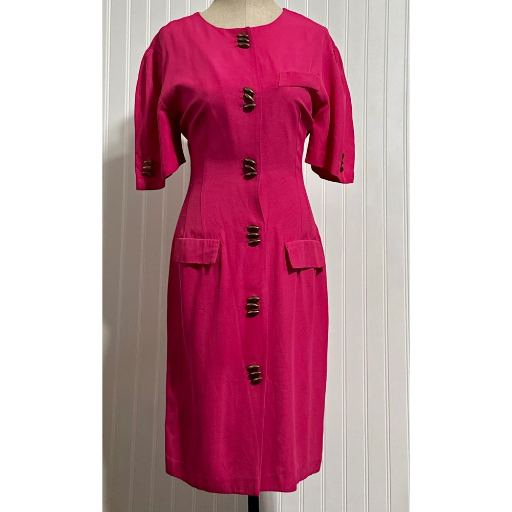 Irresistible Womens 11/12 Pink Button Midi Dress Rayon Vintage‎ 80s Office Siren